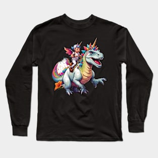 Boy Unicorn Riding Dinosaur, T-Rex Funny Unicorns Party Rainbow Squad Gifts for Kids Boys Girls Long Sleeve T-Shirt